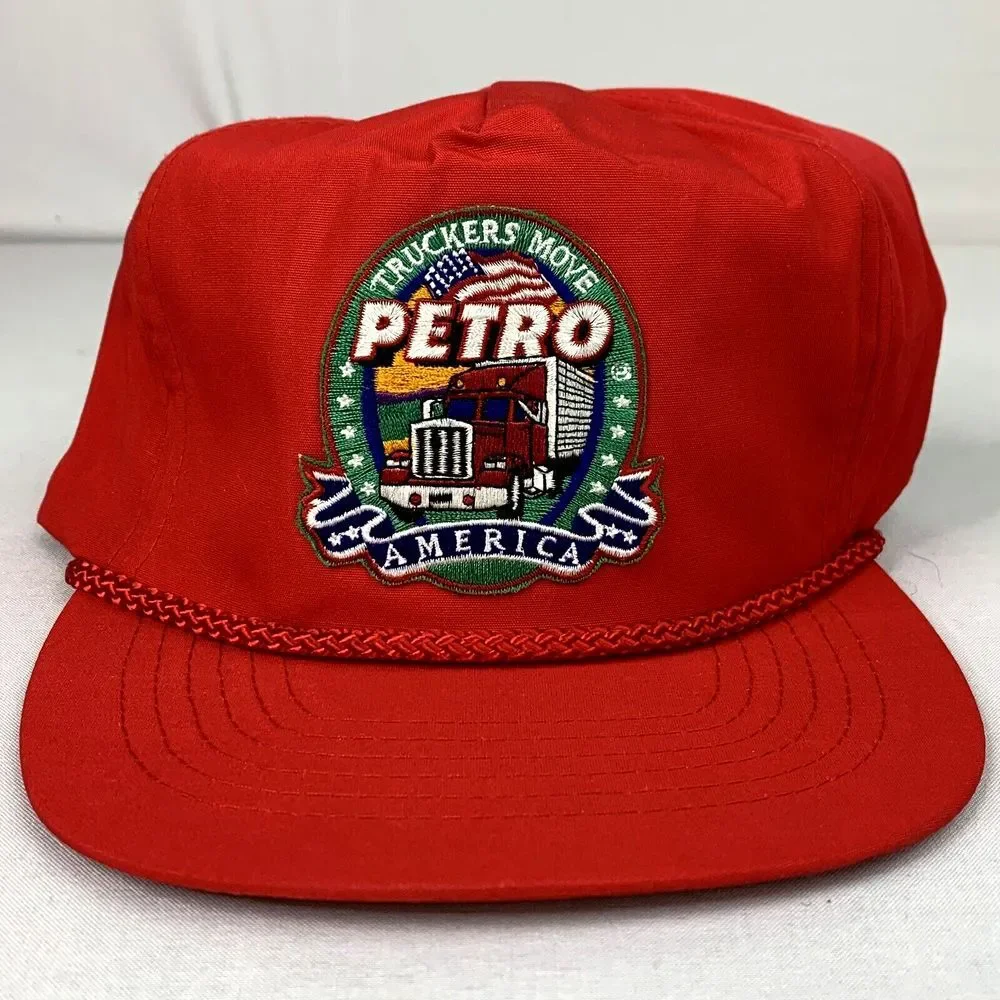 Vintage Truckers Move Petro America Truckers Hat Cap Zipperback Gas‎ Oil RED NOS